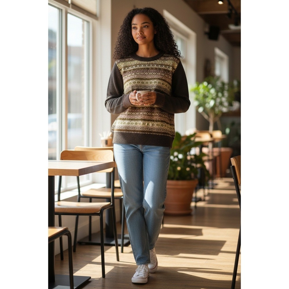 Tommy Hilfiger Women's XL Brown Gold Diamonds Patterned Sweater Long Sleeve